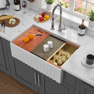 Sunvega 33 Inch White Porcelain Ceramic Farmhouse Kitchen Sink Workstation with Reversible Apron