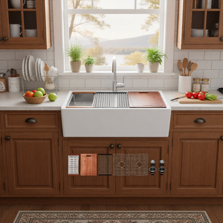 Sunvega 33 Inch White Porcelain Ceramic Farmhouse Kitchen Sink Workstation with Reversible Apron