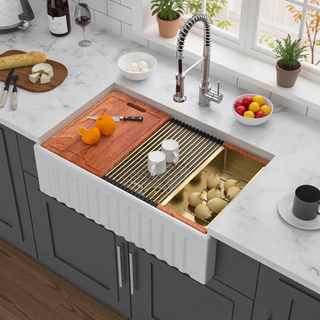 Sunvega 33 Inch White Porcelain Ceramic Farmhouse Kitchen Sink Workstation with Reversible Apron