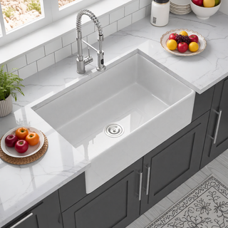 Sunvega 33 Inch White Porcelain Ceramic Farmhouse Kitchen Sink Workstation with Reversible Apron