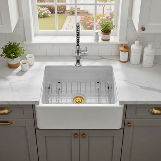 Sunvega 33 Inch White Porcelain Ceramic Farmhouse Kitchen Sink Workstation with Reversible Apron
