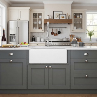 Sunvega 33 Inch White Porcelain Ceramic Farmhouse Kitchen Sink Workstation with Reversible Apron