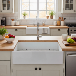 Sunvega 33 Inch White Porcelain Ceramic Farmhouse Kitchen Sink Workstation with Reversible Apron