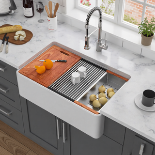 Sunvega 33 Inch White Porcelain Ceramic Farmhouse Kitchen Sink Workstation with Reversible Apron