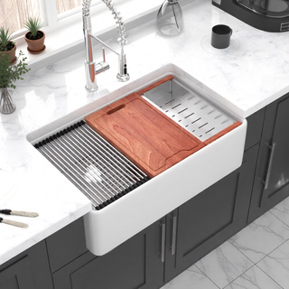 Sunvega 33 Inch White Porcelain Ceramic Farmhouse Kitchen Sink Workstation with Reversible Apron