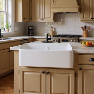 Sunvega Farmhouse Ceramic White Kitchen Double Basin Sink with Sound Dampening
