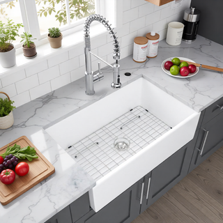 Sunvega 33 Inch White Porcelain Ceramic Farmhouse Kitchen Sink Workstation with Reversible Apron