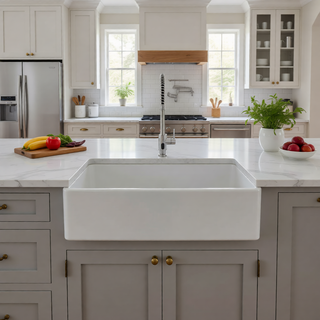 Sunvega 33 Inch White Porcelain Ceramic Farmhouse Kitchen Sink Workstation with Reversible Apron