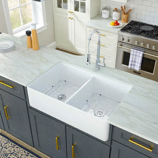 Sunvega Farmhouse Ceramic White Kitchen Double Basin Sink with Sound Dampening