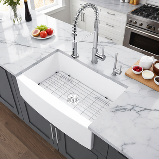 Sunvega 33 Inch White Porcelain Ceramic Farmhouse Kitchen Sink Workstation with Reversible Apron