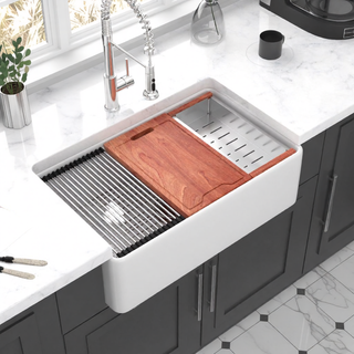 Sunvega 33 Inch White Porcelain Ceramic Farmhouse Kitchen Sink Workstation with Reversible Apron
