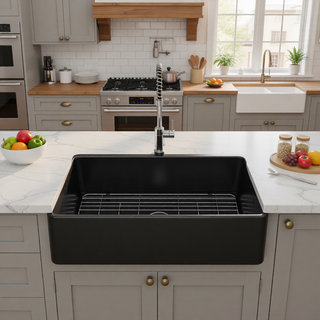 Sunvega 33 Inch White Porcelain Ceramic Farmhouse Kitchen Sink Workstation with Reversible Apron