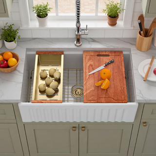 Sunvega 33 Inch White Porcelain Ceramic Farmhouse Kitchen Sink Workstation with Reversible Apron