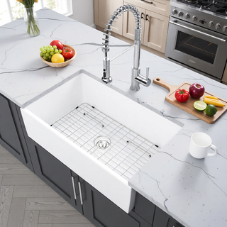 Sunvega 33 Inch White Porcelain Ceramic Farmhouse Kitchen Sink Workstation with Reversible Apron