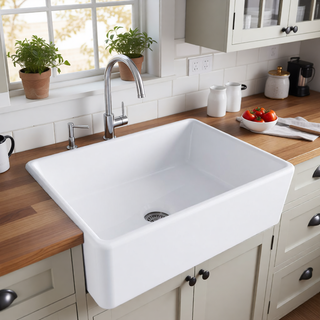 Sunvega 33 Inch White Porcelain Ceramic Farmhouse Kitchen Sink Workstation with Reversible Apron