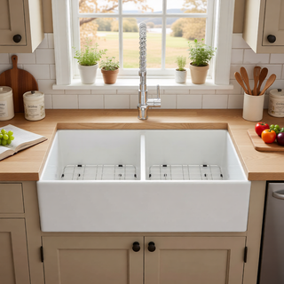 Sunvega 33 Inch White Porcelain Ceramic Farmhouse Kitchen Sink Workstation with Reversible Apron
