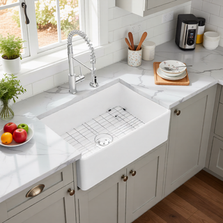 Sunvega 33 Inch White Porcelain Ceramic Farmhouse Kitchen Sink Workstation with Reversible Apron