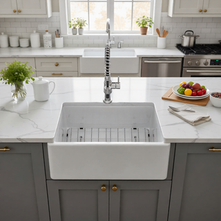 Sunvega 33 Inch White Porcelain Ceramic Farmhouse Kitchen Sink Workstation with Reversible Apron