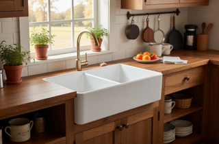 Sunvega Farmhouse Ceramic White Kitchen Double Basin Sink with Sound Dampening