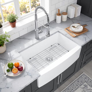 Sunvega 33 Inch White Porcelain Ceramic Farmhouse Kitchen Sink Workstation with Reversible Apron
