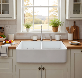 Sunvega Farmhouse Ceramic White Kitchen Double Basin Sink with Sound Dampening