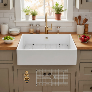 Sunvega 33 Inch White Porcelain Ceramic Farmhouse Kitchen Sink Workstation with Reversible Apron