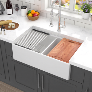 Sunvega 33 Inch White Porcelain Ceramic Farmhouse Kitchen Sink Workstation with Reversible Apron