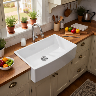 Sunvega 33 Inch White Porcelain Ceramic Farmhouse Kitchen Sink Workstation with Reversible Apron