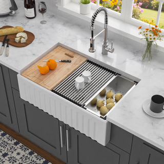 Sunvega 33 Inch White Porcelain Ceramic Farmhouse Kitchen Sink Workstation with Reversible Apron