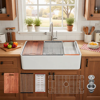 Sunvega 33 Inch White Porcelain Ceramic Farmhouse Kitchen Sink Workstation with Reversible Apron