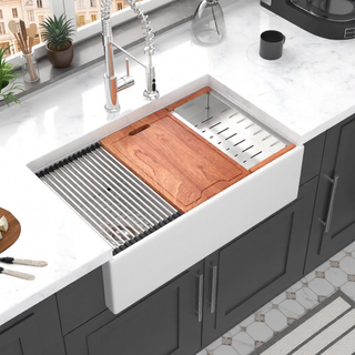 Sunvega 33 Inch White Porcelain Ceramic Farmhouse Kitchen Sink Workstation with Reversible Apron