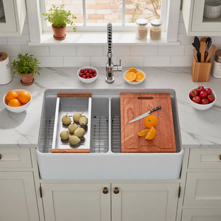Sunvega 33 Inch White Porcelain Ceramic Farmhouse Kitchen Sink Workstation with Reversible Apron