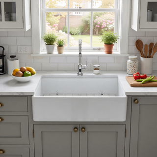 Sunvega 33 Inch White Porcelain Ceramic Farmhouse Kitchen Sink Workstation with Reversible Apron