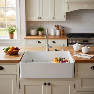 Sunvega 33 Inch White Porcelain Ceramic Farmhouse Kitchen Sink Workstation with Reversible Apron