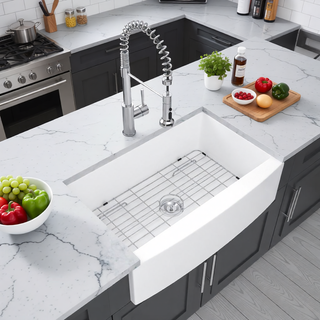 Sunvega 33 Inch White Porcelain Ceramic Farmhouse Kitchen Sink Workstation with Reversible Apron