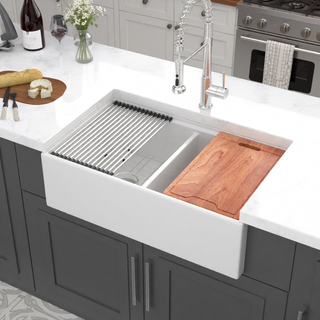Sunvega 33 Inch White Porcelain Ceramic Farmhouse Kitchen Sink Workstation with Reversible Apron