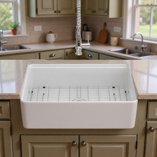 Sunvega 33 Inch White Porcelain Ceramic Farmhouse Kitchen Sink Workstation with Reversible Apron