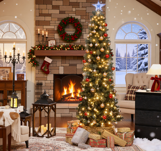 Sunvega Pencil Artificial Xmas Tree with Faux Snow Flocked Full Branch Tips Flame-retardant