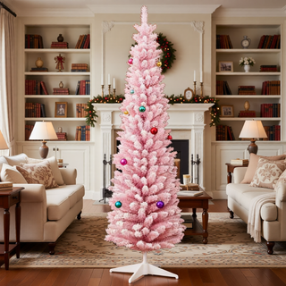 Sunvega Pencil Artificial Xmas Tree with Faux Snow Flocked Full Branch Tips Flame-retardant