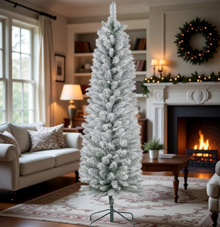 Sunvega Pencil Artificial Xmas Tree with Faux Snow Flocked Full Branch Tips Flame-retardant