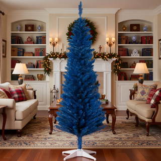 Sunvega Pencil Artificial Xmas Tree with Faux Snow Flocked Full Branch Tips Flame-retardant