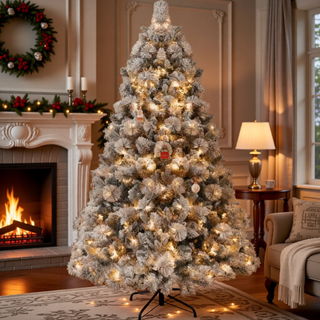 Sunvega Pencil Artificial Xmas Tree with Faux Snow Flocked Full Branch Tips Flame-retardant