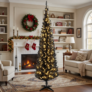 Sunvega Pencil Artificial Xmas Tree with Faux Snow Flocked Full Branch Tips Flame-retardant
