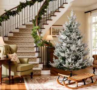 Sunvega Pencil Artificial Xmas Tree with Faux Snow Flocked Full Branch Tips Flame-retardant