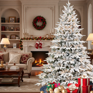 Sunvega 5ft Pre-Lit Flocked Artificial Christmas Tree with 300 Warm White Lights