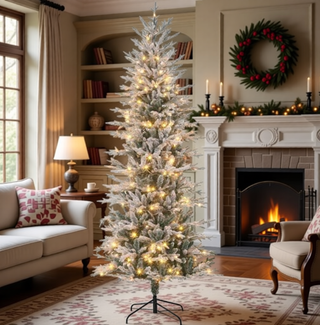 Sunvega Pencil Artificial Xmas Tree with Faux Snow Flocked Full Branch Tips Flame-retardant