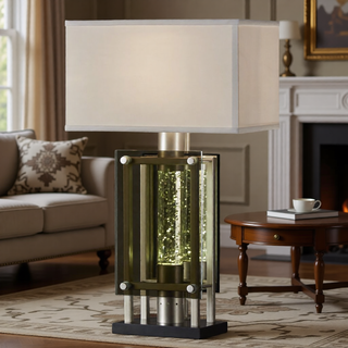 Sunvega Satin Copper Finish Metal Water Dancing Table Lamp with Fabric Shade