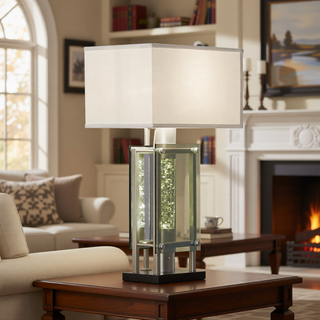 Sunvega Satin Copper Finish Metal Water Dancing Table Lamp with Fabric Shade