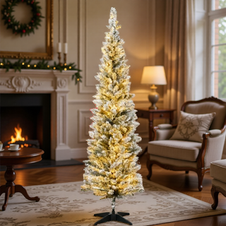 Sunvega Pencil Artificial Xmas Tree with Faux Snow Flocked Full Branch Tips Flame-retardant