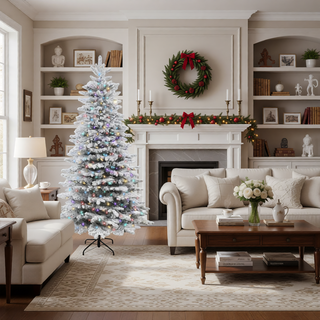 Sunvega Pencil Artificial Xmas Tree with Faux Snow Flocked Full Branch Tips Flame-retardant